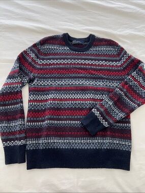 GAP Men's Fair Isle Lambswool Crewneck Sweater in Navy & Red